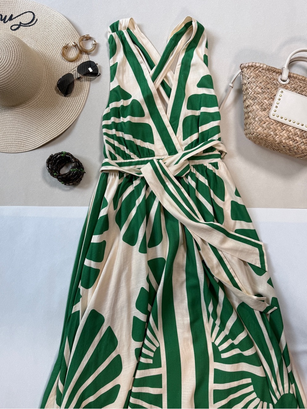 Green and White Tropical Print Linen, Lined Maxi Dress